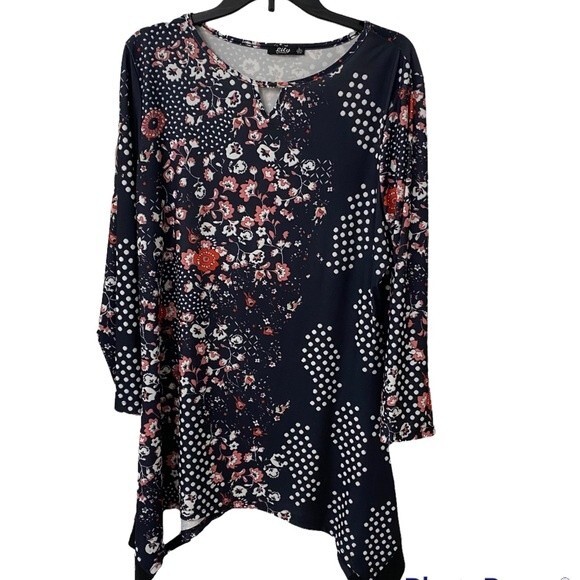 lily Tops - Lily by Firmiana Tunic Top Floral Multicolor Large Asymmetrical Long Sleeve